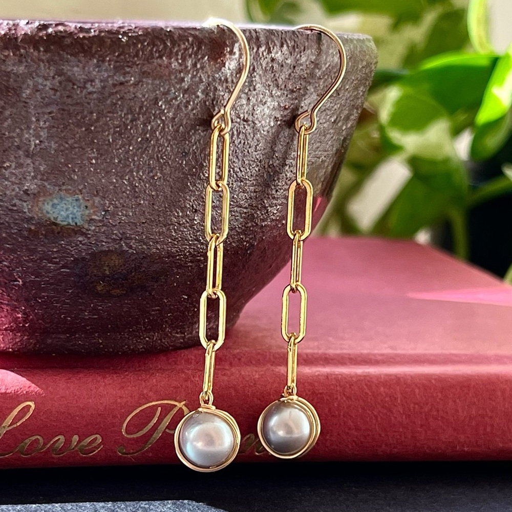 Gold Filled Paperclip Chain Freshwater Pearl Drop Earrings - Picture 5 of 5